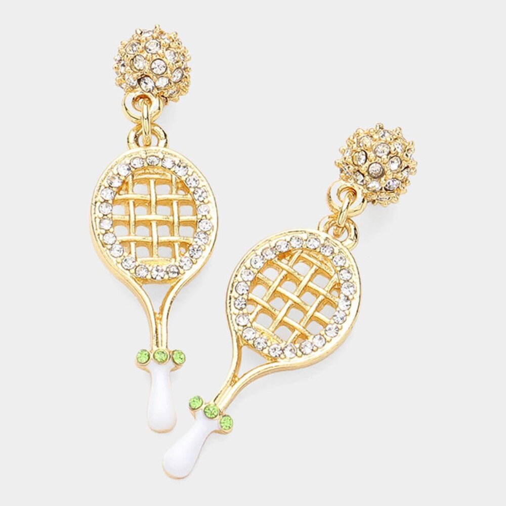 Rhinestone Embellished Gold Dipped Tennis Racket Dangle Earrings NEW